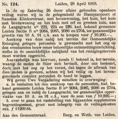 Gemeente Leiden, Handelingen van de Raad van 19 april 1919 nr. 124 Gemeente Leiden, Handelingen van de Raad van 19 april 1919 nr. 124