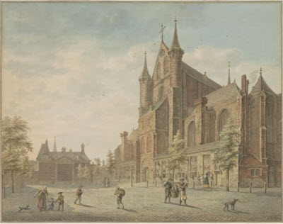westgevel Pieterskerk 1782, aquarel van H.P. Schouten, Regionaal Archief Leiden PV 211893.1a westgevel Pieterskerk 1782, aquarel van H.P. Schouten, Regionaal Archief Leiden PV 211893.1a