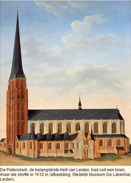 Een achttiende eeuwse kopie van een schilderij van rond 1500 waarop de toren stond afgebeeld. Afbeelding uit de Leidse Canon. Een achttiende eeuwse kopie van een schilderij van rond 1500 waarop de toren stond afgebeeld. Afbeelding uit de Leidse Canon.